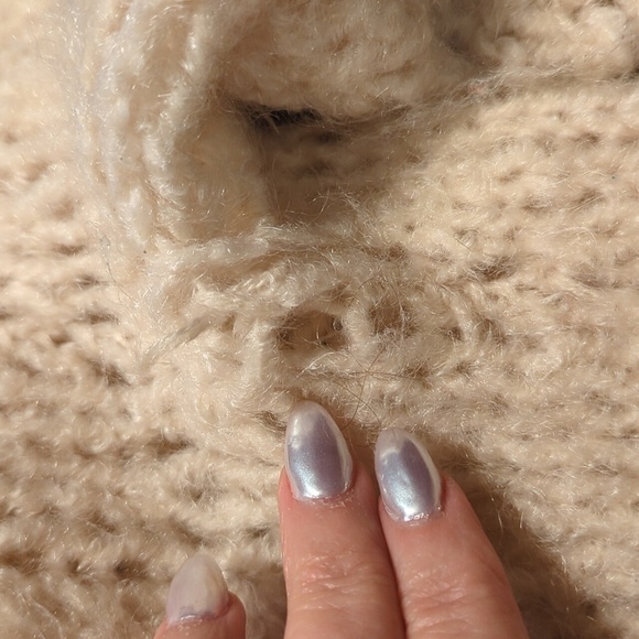 Vtg Hand knit chunky soft wool/ mohair fuzzy warm cardigan sweater cream/gray - Picture 11 of 12